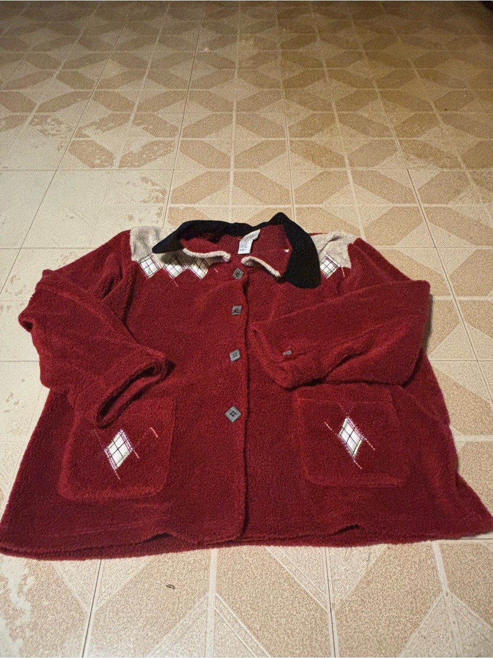 Teddi Red Fuzzy Button-Up Jacket with Black Collar